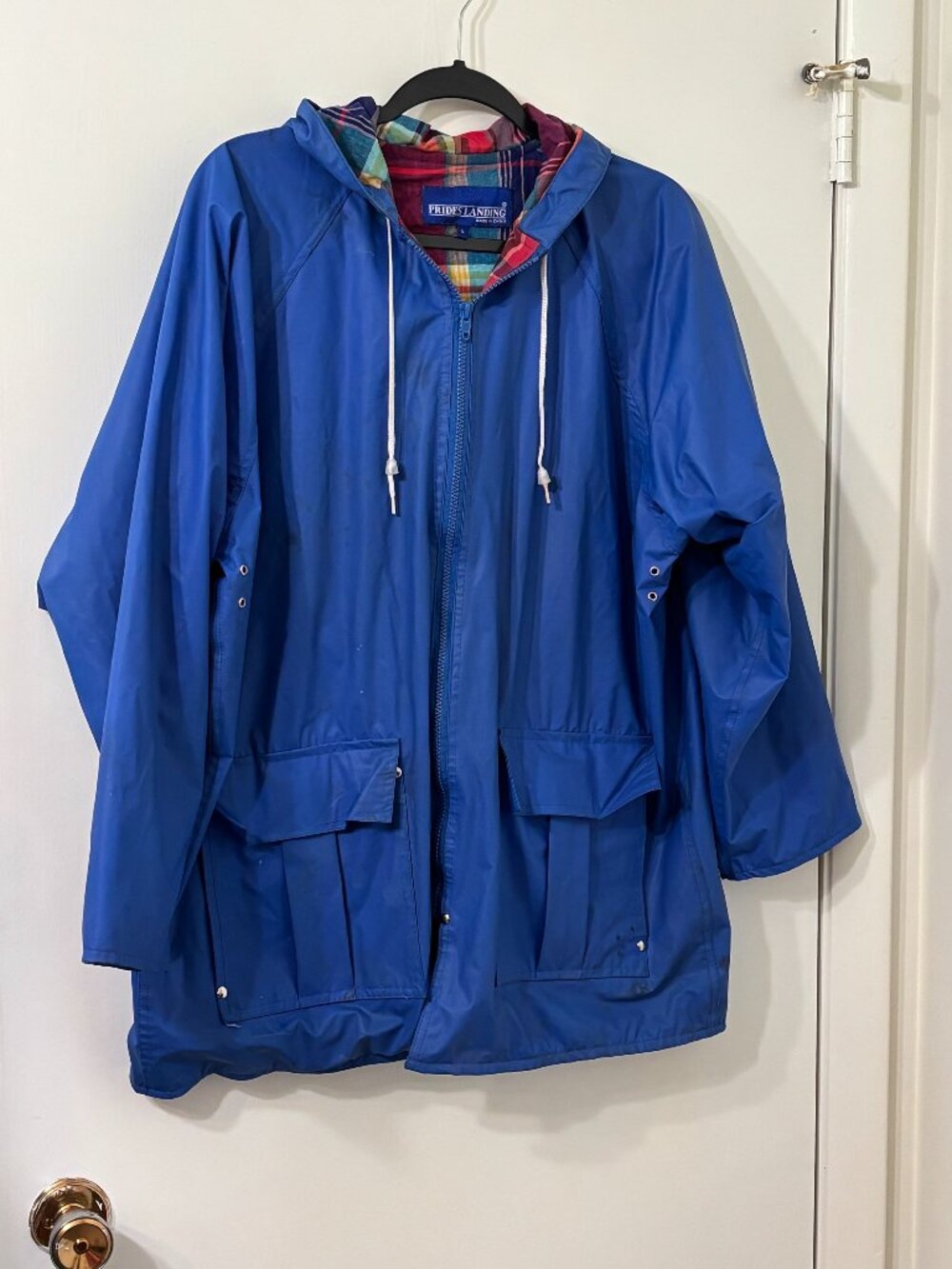 Y2K Prides Landing Gorpcore Hooded Plaid Fleece Lined PVC Slicker Womens L Blue